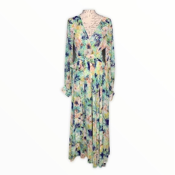 ACEVOG Tropical Floral Chiffon Beach Swimsuit Coverup Maxi Dress - Picture 2 of 10